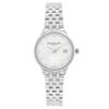 An image of an unworn RAYMOND WEIL women's wristwatch in a dress/formal style. The watch is presented in a full frontal view with the dial facing directly towards the viewer, showcasing a white mother of pearl dial and a round stainless steel case. The stainless steel band is fully visible, extending upwards and downwards from the case, with the watch positioned centrally and filling the frame. There is a date window at the 3 o'clock position.