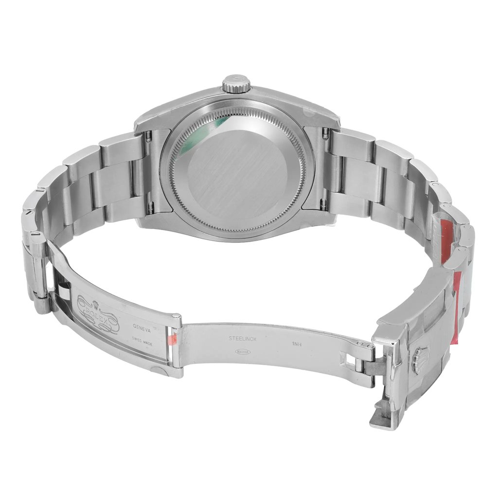 Back View Of Solid Back Case And Open Stainless Steel Band Of Rolex 116200 sfao Watch Unworn Condition