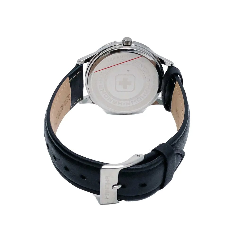 Back View Of Snap Back Case And Closed Leather Band Of Hanowa 16-6075.04.001 Watch Display Model Condition