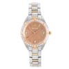 An image of a new Bulova women's wristwatch with a front full frontal view. The watch features a round shape with a mother of pearl bronze dial, rose gold-tone bezel adorned with diamonds, and diamond markers at select hour indices complemented by stick indexes. The stainless steel band has rose gold-tone accents, and the watch appears to be in excellent condition, despite being labeled as having defects. The photo is taken from a medium distance, showcasing the watch face and band head-on without any angle, emphasizing detail and design for a clear and comprehensive view.