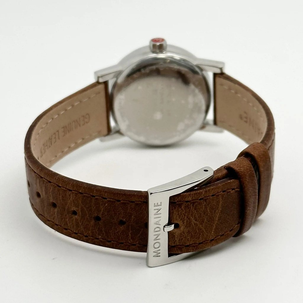 Back View Of Solid Back Case And Closed Leather Band Of Mondaine MSE.30110.LG Watch Display Model Condition