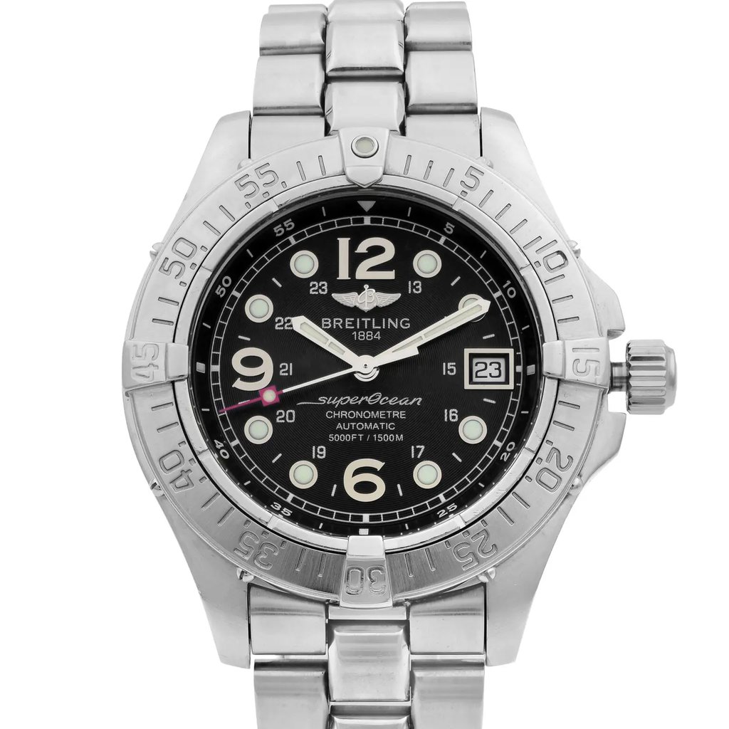 Up Close Front Facing Picture Of Breitling A17360 Stainless Steel Watch Pre Owned Condition