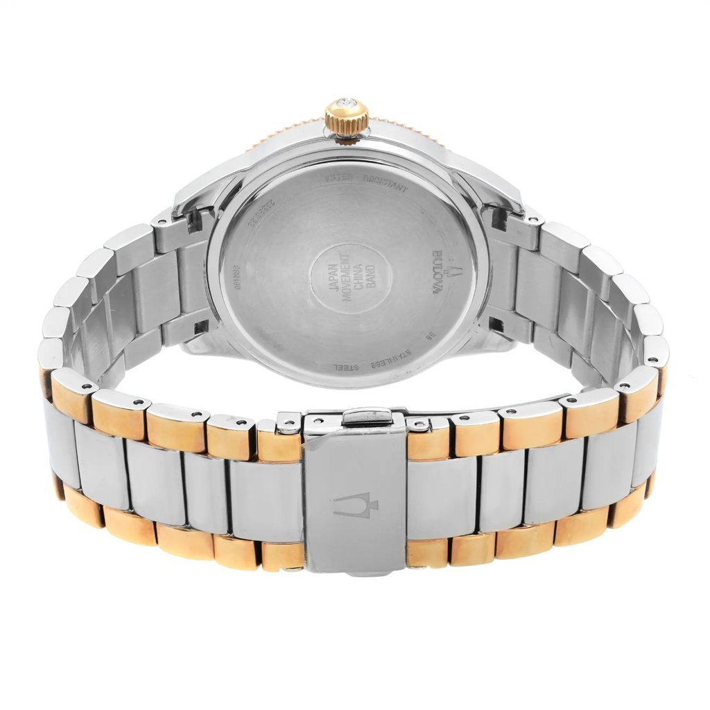 Back View Of Snap Back Case And Closed Stainless Steel Band Of Bulova 98N100 Watch Pre Owned Condition