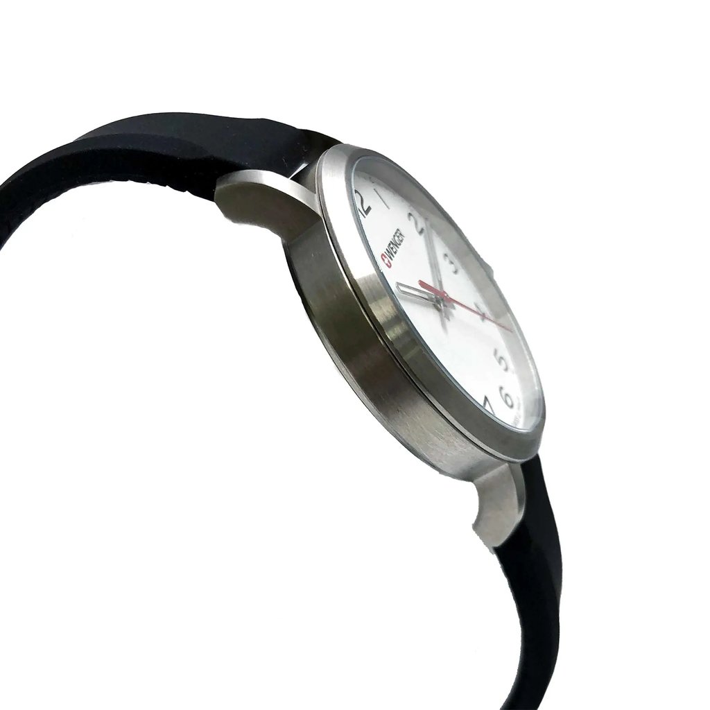 View Of Opposite Crown Facing Side Of Wenger 01.1621.103 Stainless Steel Watch Display Model Condition