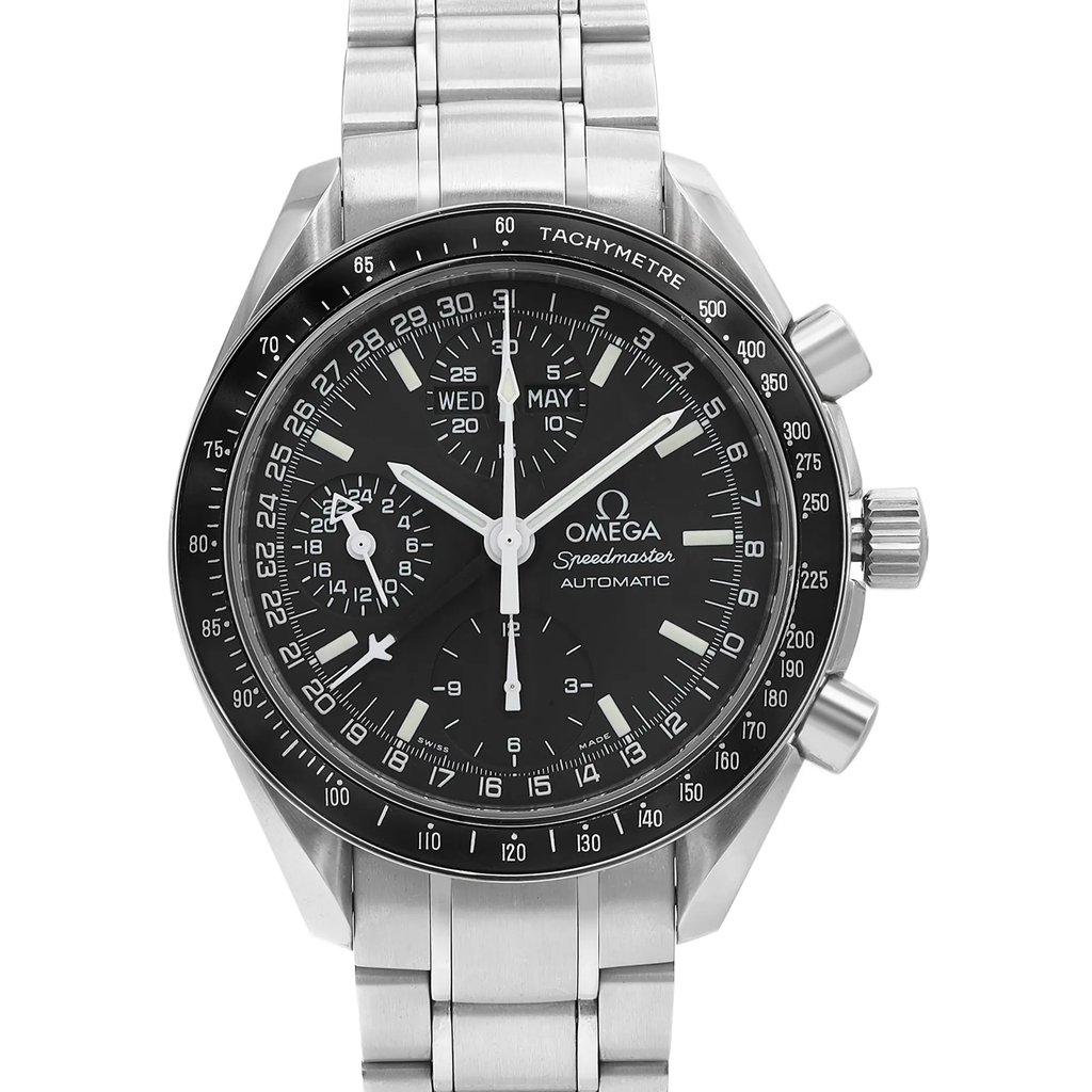 Up Close Front Facing Picture Of OMEGA 3520.50.00 Stainless Steel Watch Pre Owned Condition