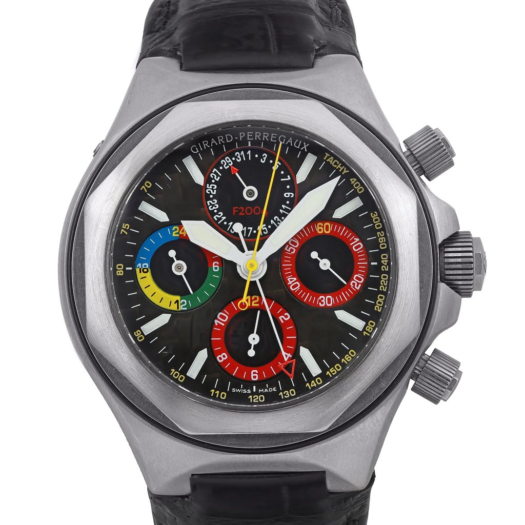 An image of a Wristwatch by Girard-Perregaux. This Pre Owned item is designed for Men, featuring a Sport style. It has a Mechanical (Automatic) movement and an Analog display with a Black dial color. The indices include 12-Hour Dial,Stick Indexes. The band is made of Leather and the case is made of Titanium. The watch has a Round shape with a case size of 43 mm and a case thickness of 15 mm.