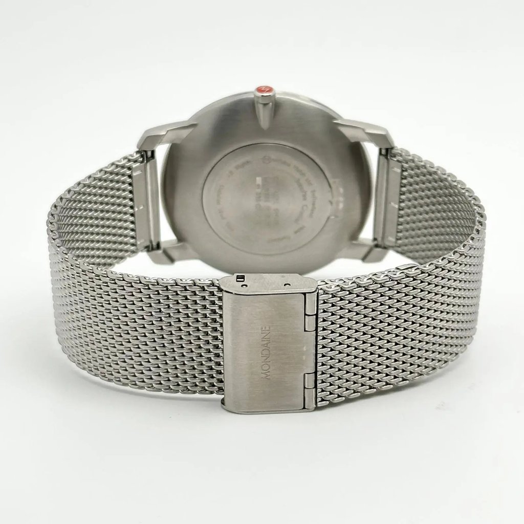 Back View Of Snap Back Case And Closed Stainless Steel,Leather Band Of Mondaine A638.30350.16SBM Watch Display Model Condition