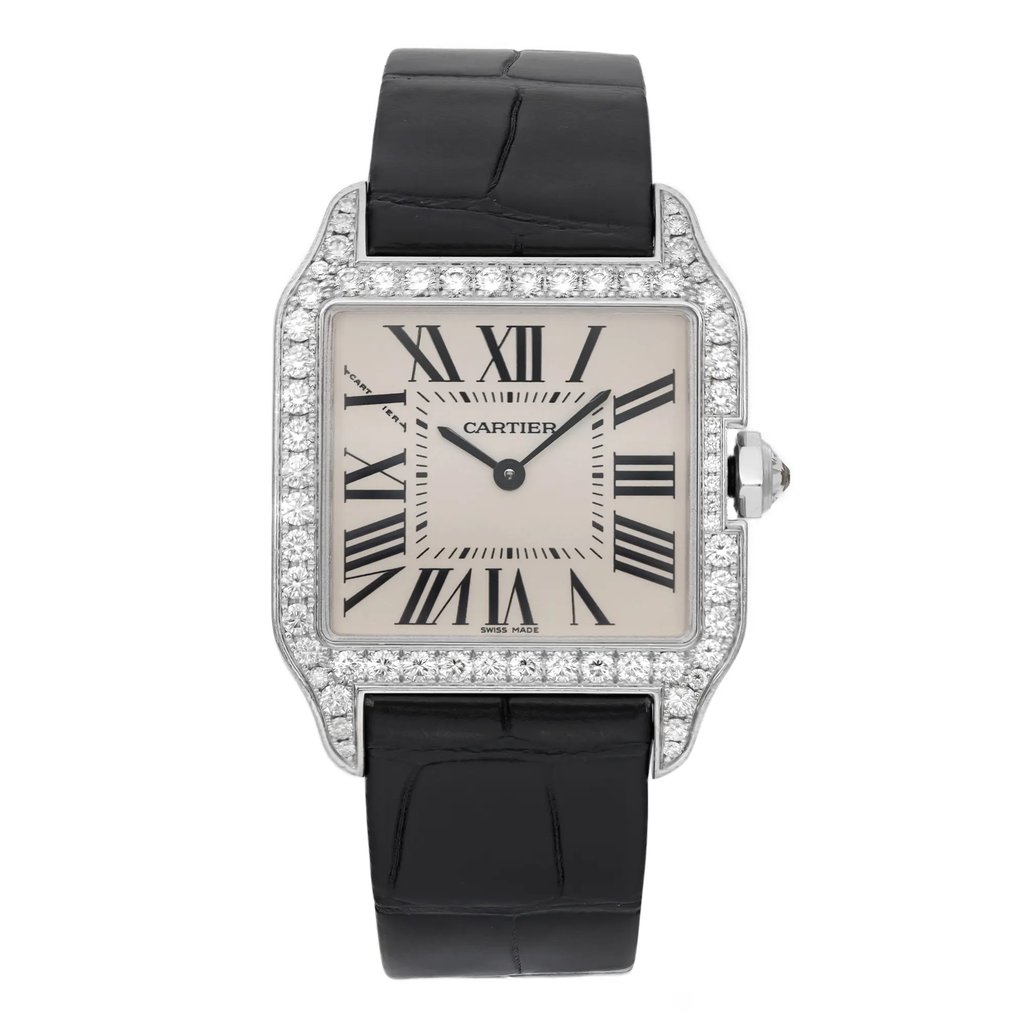 An image of a pre-owned wristwatch shown from a front full frontal view. The watch features a rectangular face with Roman numerals and elegant black hands. The bezel is adorned with small, sparkling stones. A black leather strap complements the sophisticated design. The brand name is visible on the dial.