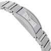 An image of a wristwatch captured from a side profile view, opposite the crown. The watch displays a sleek, metallic design with a series of polished links forming the bracelet. The face of the watch is slightly tilted, showcasing a smooth surface with minimalistic markings. The watch is positioned at a slight angle, emphasizing its curvature and craftsmanship. The image is taken from a close distance, highlighting the details and new condition, albeit with defects.