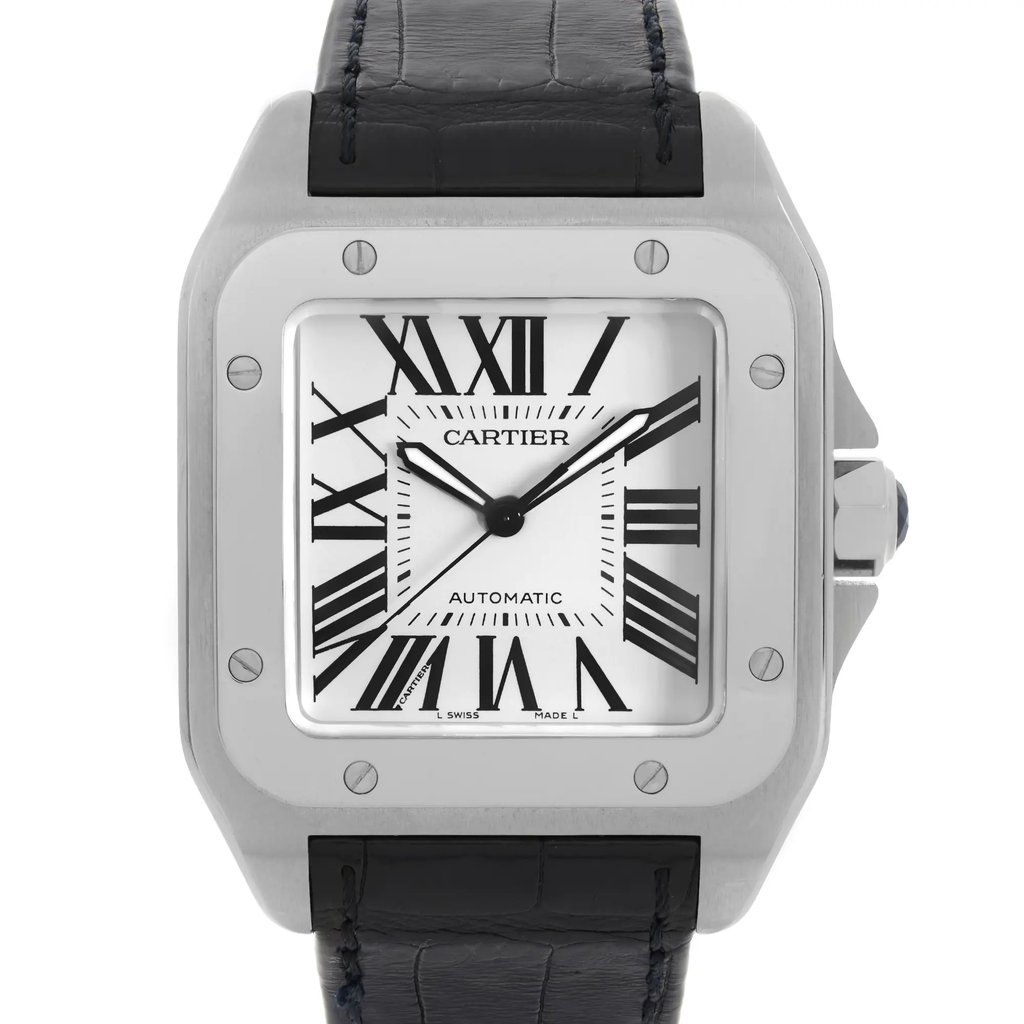 An image of a pre-owned Cartier men's wristwatch presented in a front close-up view showcasing the watch face. The watch has a square stainless steel case with a steel bezel, complemented by a white dial featuring black Roman numeral indices and luminous hands. The Cartier logo is visible just below the 12 o'clock position, and the word "AUTOMATIC" is printed above the 6 o'clock mark, indicating the watch's movement type. A black leather band attaches to either side of the case. The angle of the shot provides a clear view of the watch design and the details on the dial, with the perspective being straight-on and the distance close enough to allow for detailed inspection of the watch's condition and features.