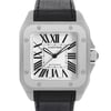 An image of a pre-owned Cartier men's wristwatch presented in a front close-up view showcasing the watch face. The watch has a square stainless steel case with a steel bezel, complemented by a white dial featuring black Roman numeral indices and luminous hands. The Cartier logo is visible just below the 12 o'clock position, and the word "AUTOMATIC" is printed above the 6 o'clock mark, indicating the watch's movement type. A black leather band attaches to either side of the case. The angle of the shot provides a clear view of the watch design and the details on the dial, with the perspective being straight-on and the distance close enough to allow for detailed inspection of the watch's condition and features.