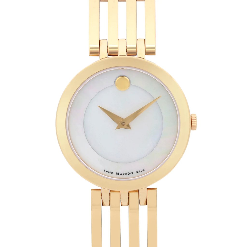 An image of a pre-owned wristwatch taken from a front close-up angle. The watch features a minimalist design with a gold-tone case and bracelet. The face is round with a white dial, gold hour and minute hands, and a single gold dot at the 12 o'clock position. The brand name is visible near the bottom of the dial.