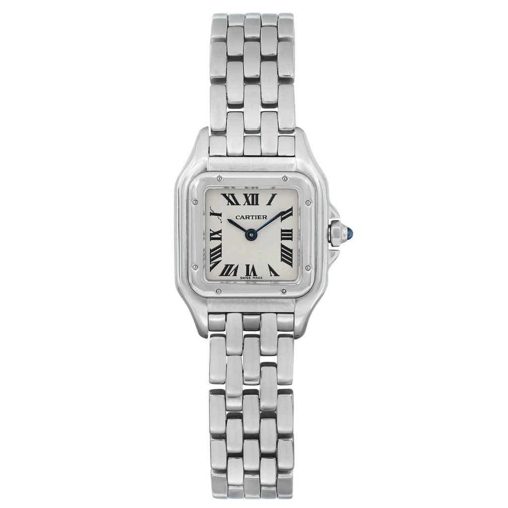 An image of a pre-owned Cartier women's wristwatch in excellent condition, presented in a full frontal view against a white background. The watch has a square stainless steel case and a matching stainless steel band. It features a silver dial with black Roman numeral indices indicating a 12-hour cycle and a steel bezel. The watch hands are visible and appear to be in good condition, with a blue cabochon on the watch's crown. The watch displays light signs of wear. The image is taken from a close distance, ensuring clear visibility of the watch's design and condition details.