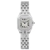 An image of a pre-owned Cartier women's wristwatch in excellent condition, presented in a full frontal view against a white background. The watch has a square stainless steel case and a matching stainless steel band. It features a silver dial with black Roman numeral indices indicating a 12-hour cycle and a steel bezel. The watch hands are visible and appear to be in good condition, with a blue cabochon on the watch's crown. The watch displays light signs of wear. The image is taken from a close distance, ensuring clear visibility of the watch's design and condition details.