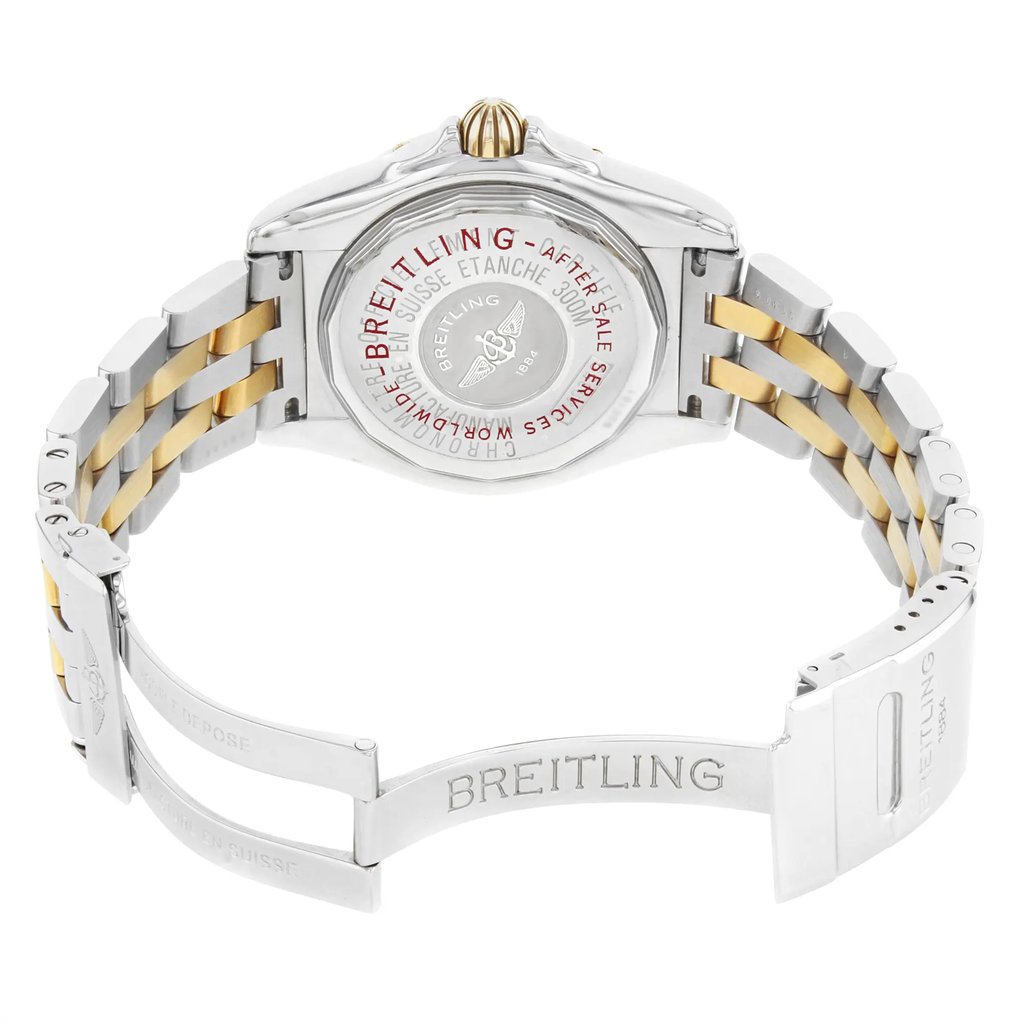 Back View Of {Caseback} Back Case And Open Stainless and Solid Gold Band Of Breitling B49350 Watch Pre Owned Condition
