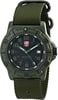 An image of a Wristwatch by Luminox. This Display Model item is designed for Men, featuring a Casual,Diver style. It has a Quartz movement and an Analog display with a Black dial color. The indices include 12-Hour Dial,Arabic Numerals,Easy to Read/Large Numerals. The band is made of Nylon and the case is made of Carbon. The watch has a Round shape with a case size of 45 mm and a case thickness of 13 mm.