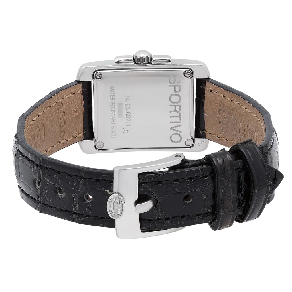 An image of a Wristwatch by Concord. This Pre Owned item is designed for Women, featuring a Dress/Formal style. It has a Quartz movement and an Analog display with a White dial color. The indices include 12-Hour Dial,Arabic Numerals,Diamond Markers. The band is made of Leather and the case is made of Stainless Steel. The watch has a Rectangle shape with a case size of 19 mm and a case thickness of 6 mm.