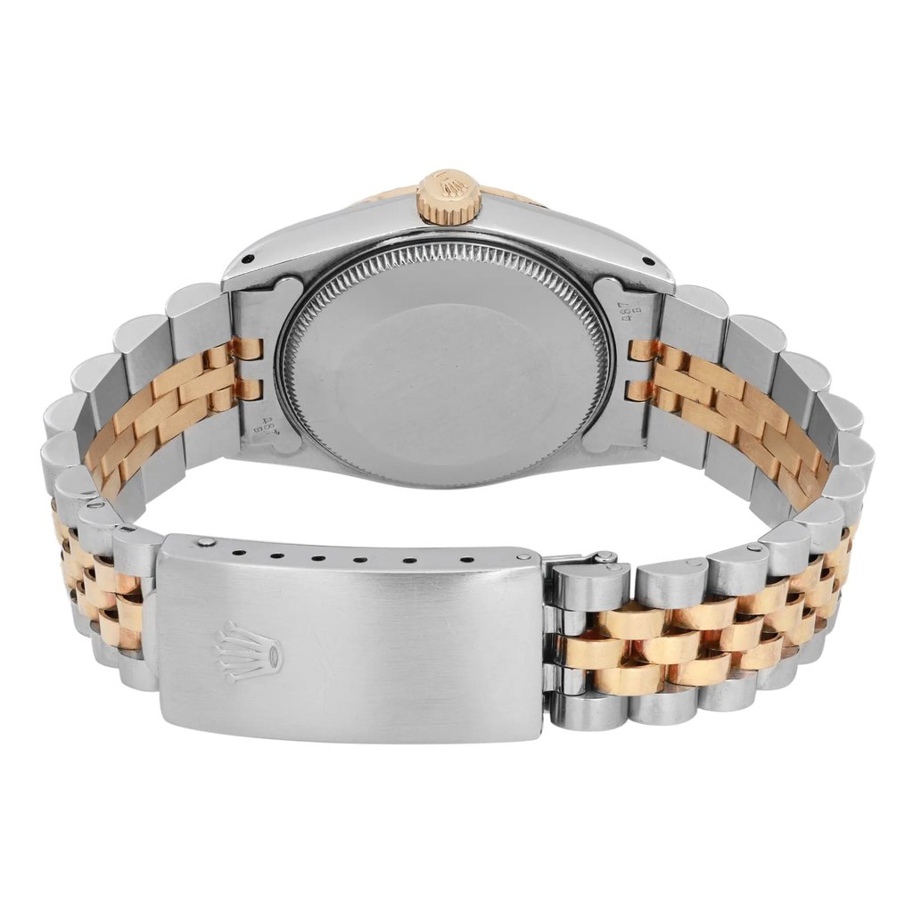 An image of a pre-owned wristwatch focusing on the back view with a closed clasp. The watch features a two-tone metal band of silver and gold links. The image is taken from a close angle, showcasing the detailed texture of the clasp and the smooth back of the watch case. The watch is positioned centrally, allowing a clear view of the bracelet design.