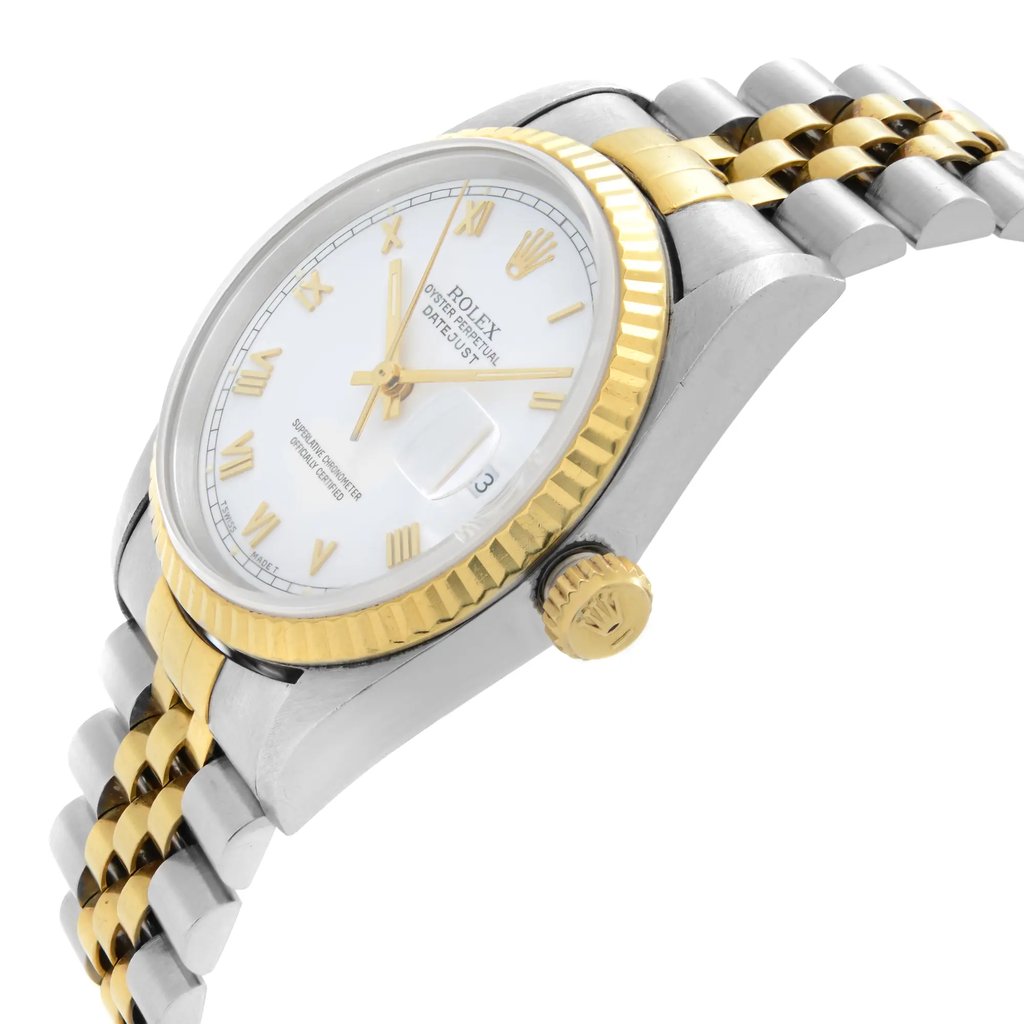 An image of a pre-owned men's Rolex wristwatch in a side profile view, showcasing the crown prominently. The watch has a round shape with a white dial and gold bezel. The band combines stainless steel and yellow gold. The case is made of stainless steel, and the watch features luminous hands, ideal for dress or formal occasions.