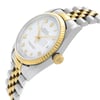 An image of a pre-owned men's Rolex wristwatch in a side profile view, showcasing the crown prominently. The watch has a round shape with a white dial and gold bezel. The band combines stainless steel and yellow gold. The case is made of stainless steel, and the watch features luminous hands, ideal for dress or formal occasions.