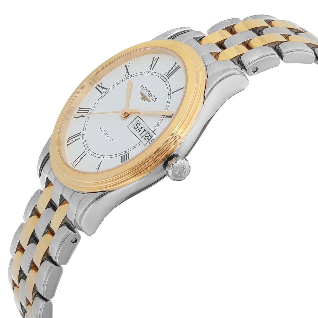 An image of a pre-owned Longines men's wristwatch, showcasing a side profile view with the crown visible. The watch features a round shape with a stainless steel case and a gold-tone bezel. It has a white dial and a two-tone stainless steel band with gold-tone accents, showing micro scratches on the gold-tone parts. The timepiece is styled for dress or formal wear.