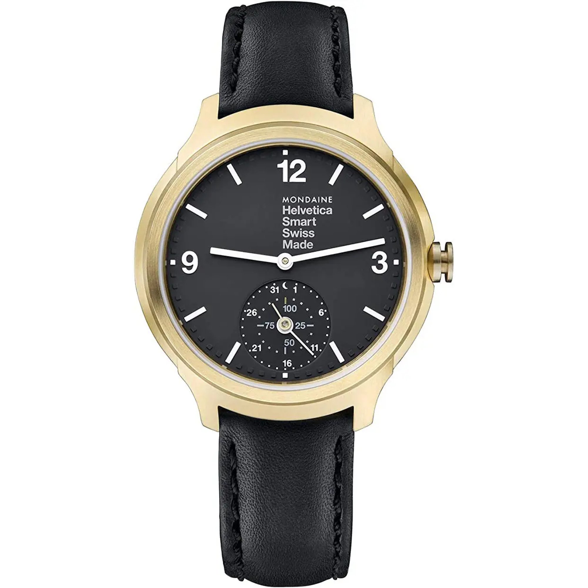 An image of a Wristwatch by Mondaine. This New With Defects item is designed for Men, featuring a Casual style. It has a Quartz movement and an Analog display with a Black dial color. The indices include 12-Hour Dial,Arabic Numerals,Stick Indexes. The band is made of Leather and the case is made of Stainless Steel. The watch has a Round shape with a case size of 44 mm and a case thickness of 13 mm.