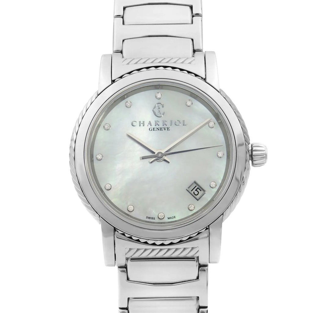 An image of a wristwatch featuring a front close-up shot of the watch face. The display model showcases a silver case with a textured bezel, a mother-of-pearl dial with silver hands, and diamond-like hour markers. The date is visible at the 4 o'clock position. The watch has a polished metal bracelet, enhancing its elegant appearance.