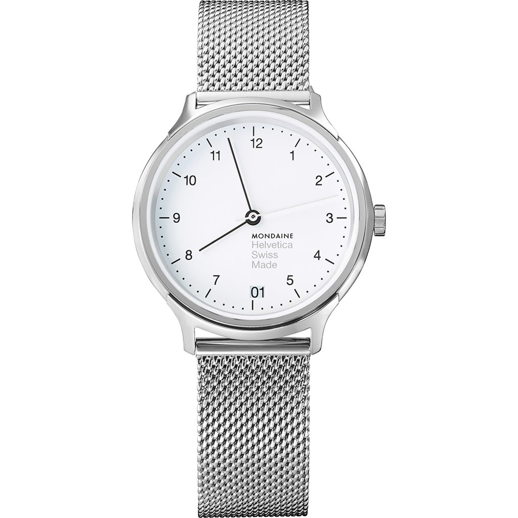 An image of a Wristwatch by Mondaine. This Display Model item is designed for Women, featuring a Classic,Dress/Formal style. It has a Quartz movement and an Analog display with a White dial color. The indices include 12-Hour Dial,Arabic Numerals. The band is made of Stainless Steel and the case is made of Stainless Steel. The watch has a Round shape with a case size of 33 mm and a case thickness of 7 mm.
