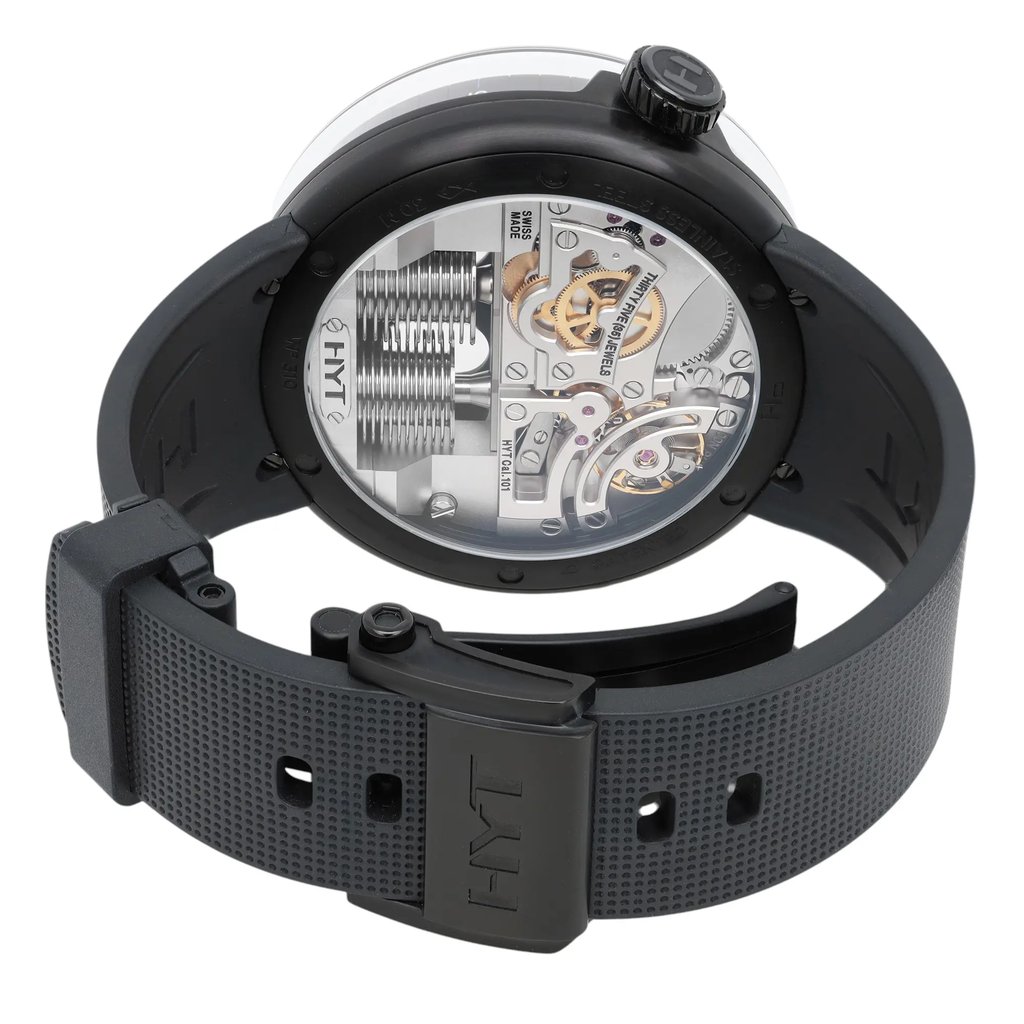 Back View Of Exhibition Back Case And Closed Rubber Band Of HYT H01059-A Watch New Condition