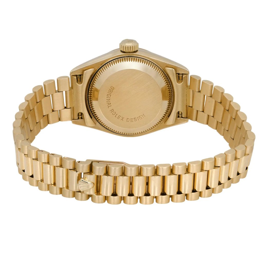 Back View Of Solid Back Case And Closed Yellow Gold Band Of Rolex 69178 Watch Pre Owned Condition