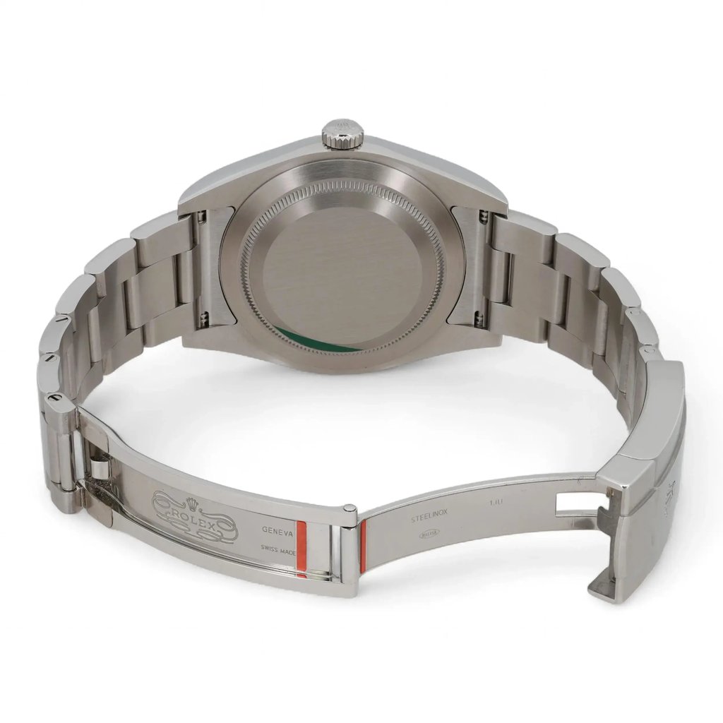 Back View Of Solid Back Case And Open Stainless Steel Band Of Rolex 114300 Watch Pre Owned Condition