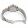 An image of a pre-owned women's Rolex wristwatch viewed from the back at a slight angle, showcasing the stainless steel case and bracelet. The watch is positioned horizontally, with the clasp open, displaying the branding and details on the inside. The image is taken from a close distance, highlighting the watch's polished finish and craftsmanship.