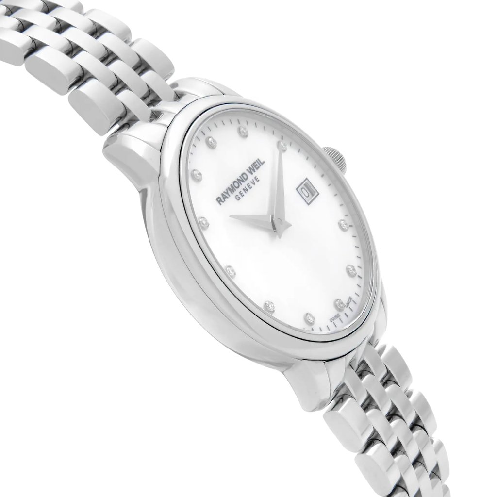 An image of an unworn RAYMOND WEIL women's wristwatch in a dress/formal style, featuring a white mother of pearl dial and a round stainless steel case. The watch is presented in a side profile view opposite the crown, showcasing the stainless steel band. The angle provides a clear view of the watch's side, emphasizing its sleek design and the reflective surface of the metal. The distance is close-up, providing detail of the watch face and band.