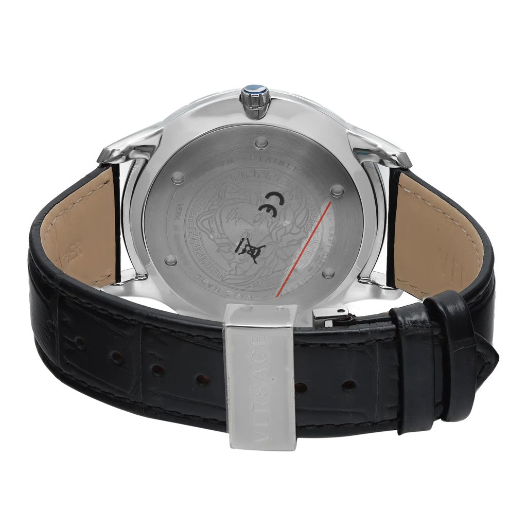 An image of a Wristwatch by Versace. This Display Model item is designed for Men, featuring a Casual style. It has a Quartz movement and an Analog display with a Silver dial color. The indices include 12-Hour Dial,Stick Indexes. The band is made of Leather and the case is made of Stainless Steel. The watch has a Round shape with a case size of 43 mm and a case thickness of 8 mm.