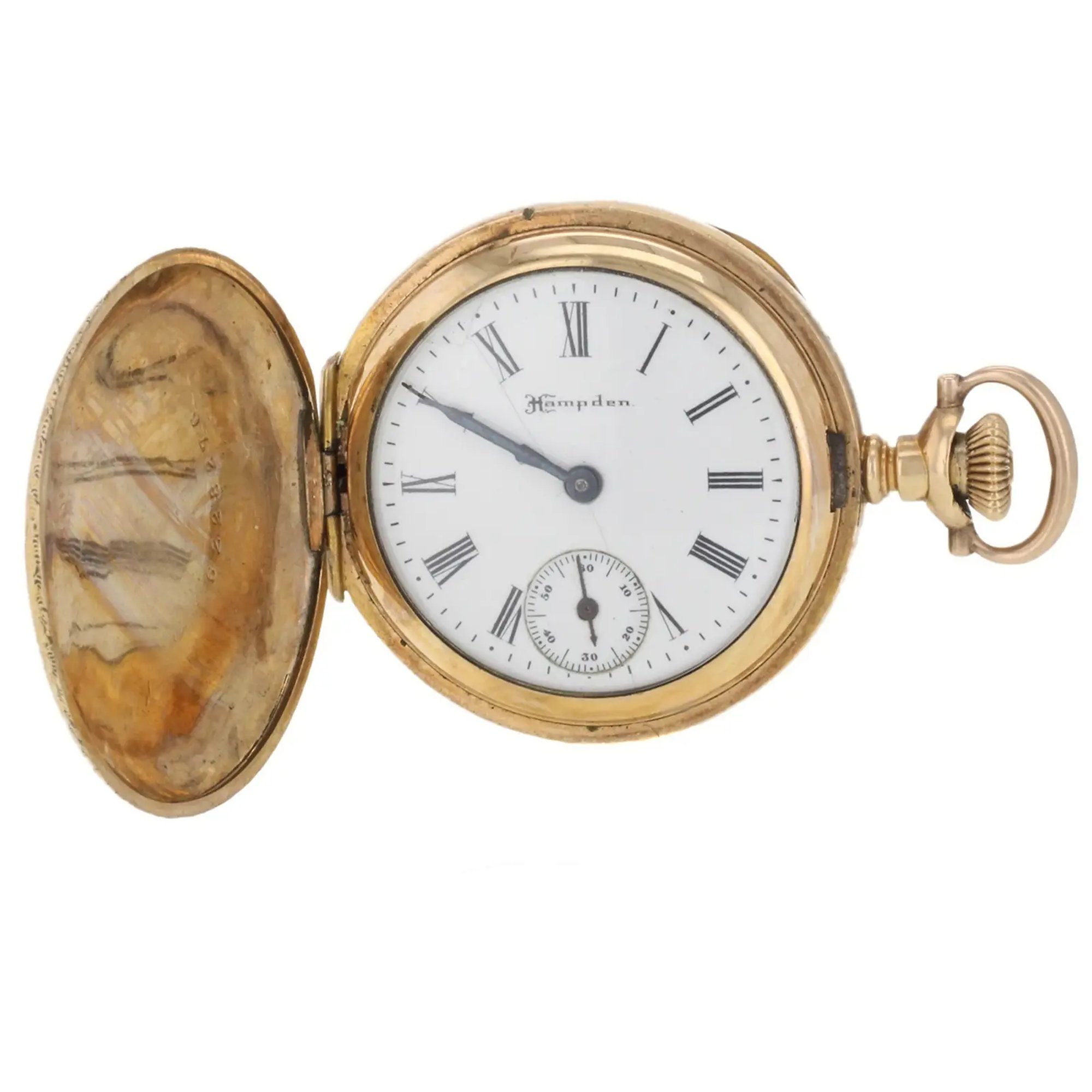 An image of a Wristwatch by Hampden. This Pre Owned item is designed for Unisex, featuring a Classic style. It has a Mechanical (Manual) movement and an Analog display with a White dial color. The indices include Roman Numerals. The band is made of nan and the case is made of yellow-gold. The watch has a Round shape with a case size of 33 mm and a case thickness of 10 mm.