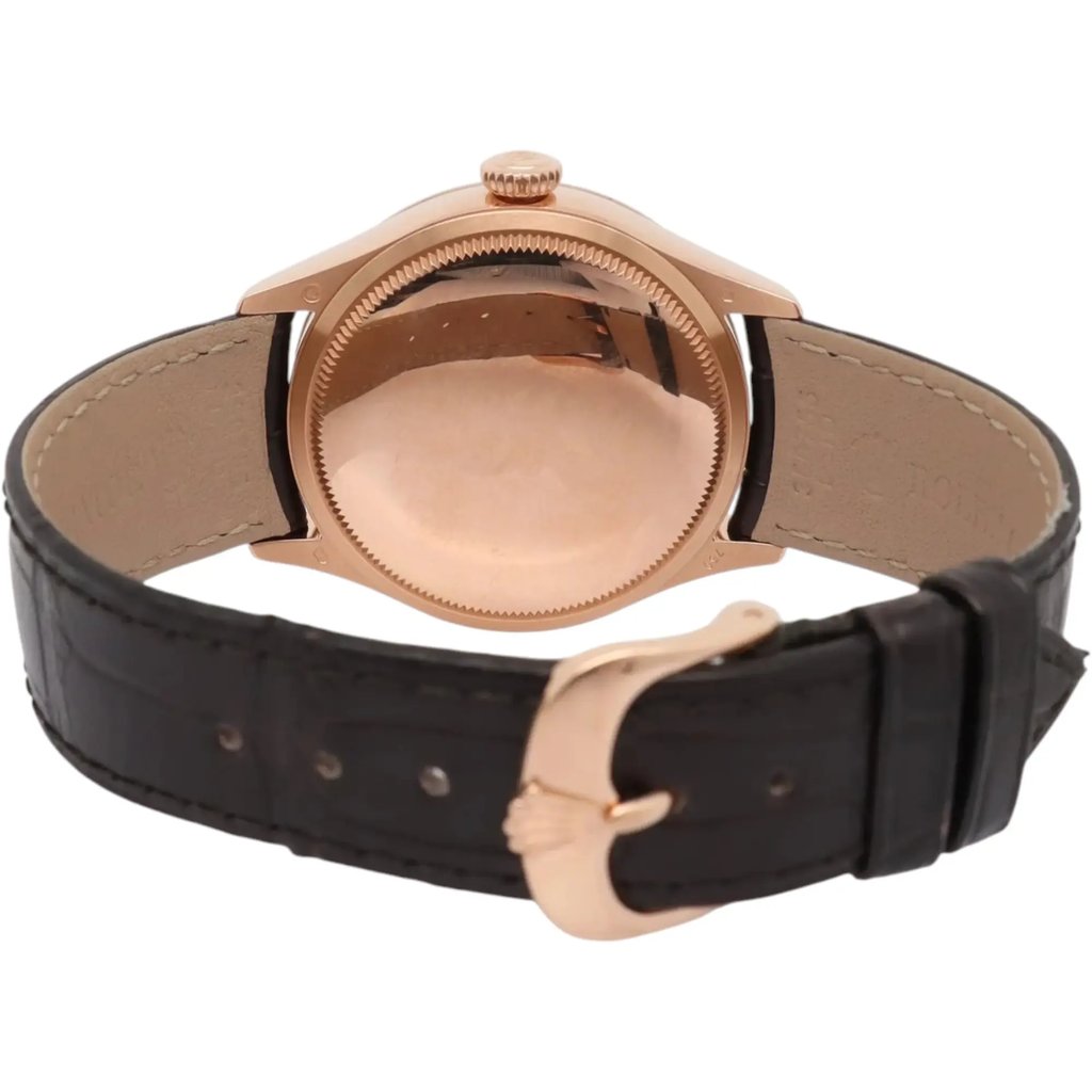 Back View Of Solid Back Case And Closed Leather Band Of Rolex 50515-0008 Watch Pre Owned Condition