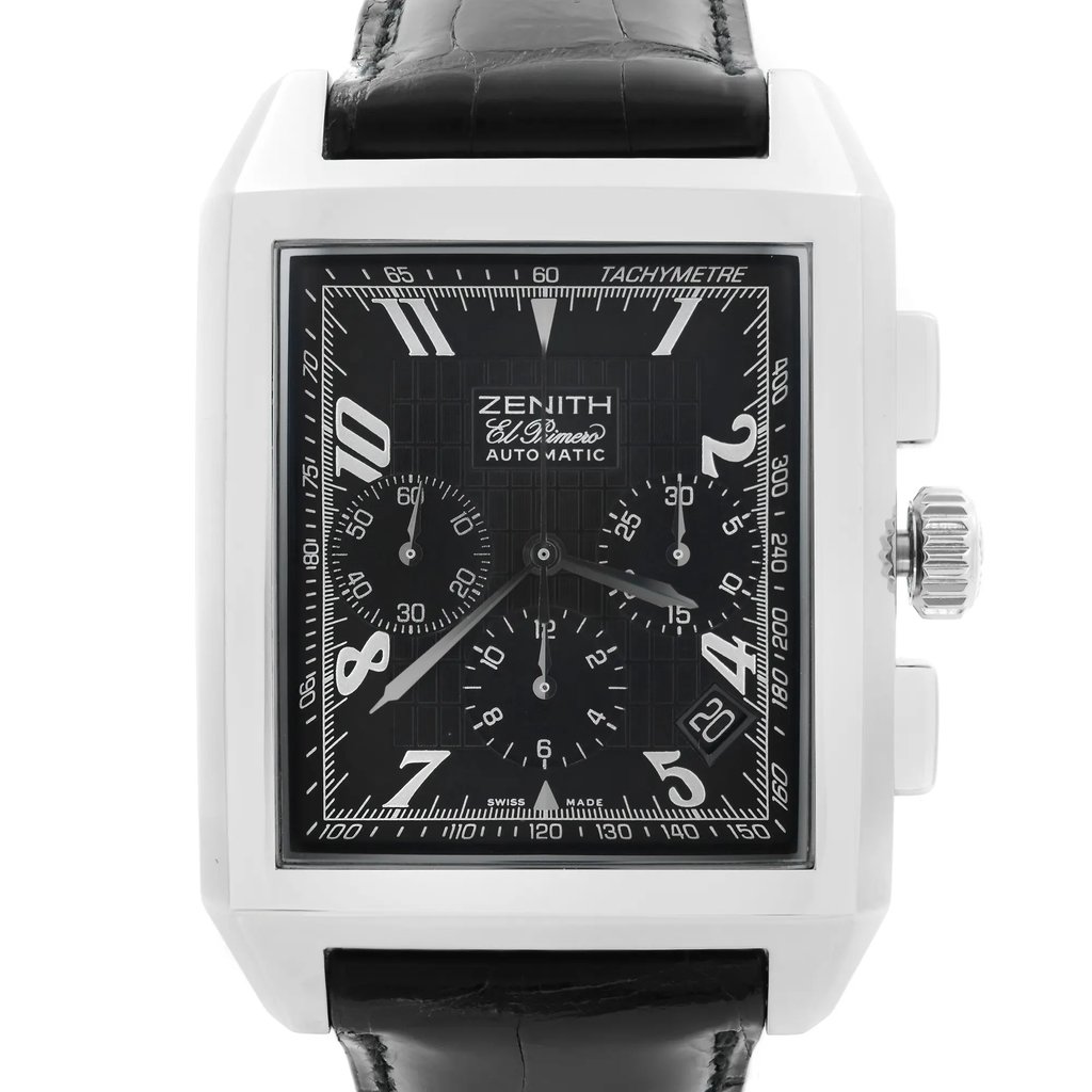 An image of a pre-owned wristwatch taken from a front close-up angle, focusing on the watch face. The watch has a rectangular dial with multiple sub-dials and a tachymeter scale around the edge. The casing appears to be metallic, and the strap is black leather. The brand name is visible on the dial.