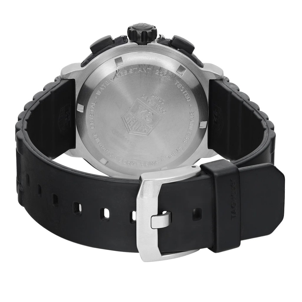 Back View Of Screwback Back Case And Closed Rubber Band Of TAG Heuer CAC1111.BT0705 Watch Pre Owned Condition