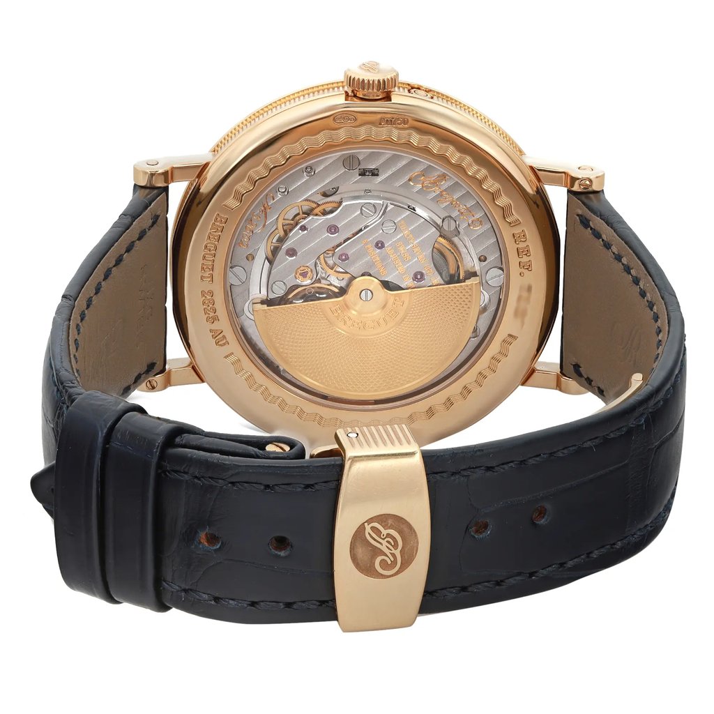 Back View Of Exhibition Back Case And Closed Leather Band Of Breguet 7137BA/11/9V6 Watch Pre Owned Condition