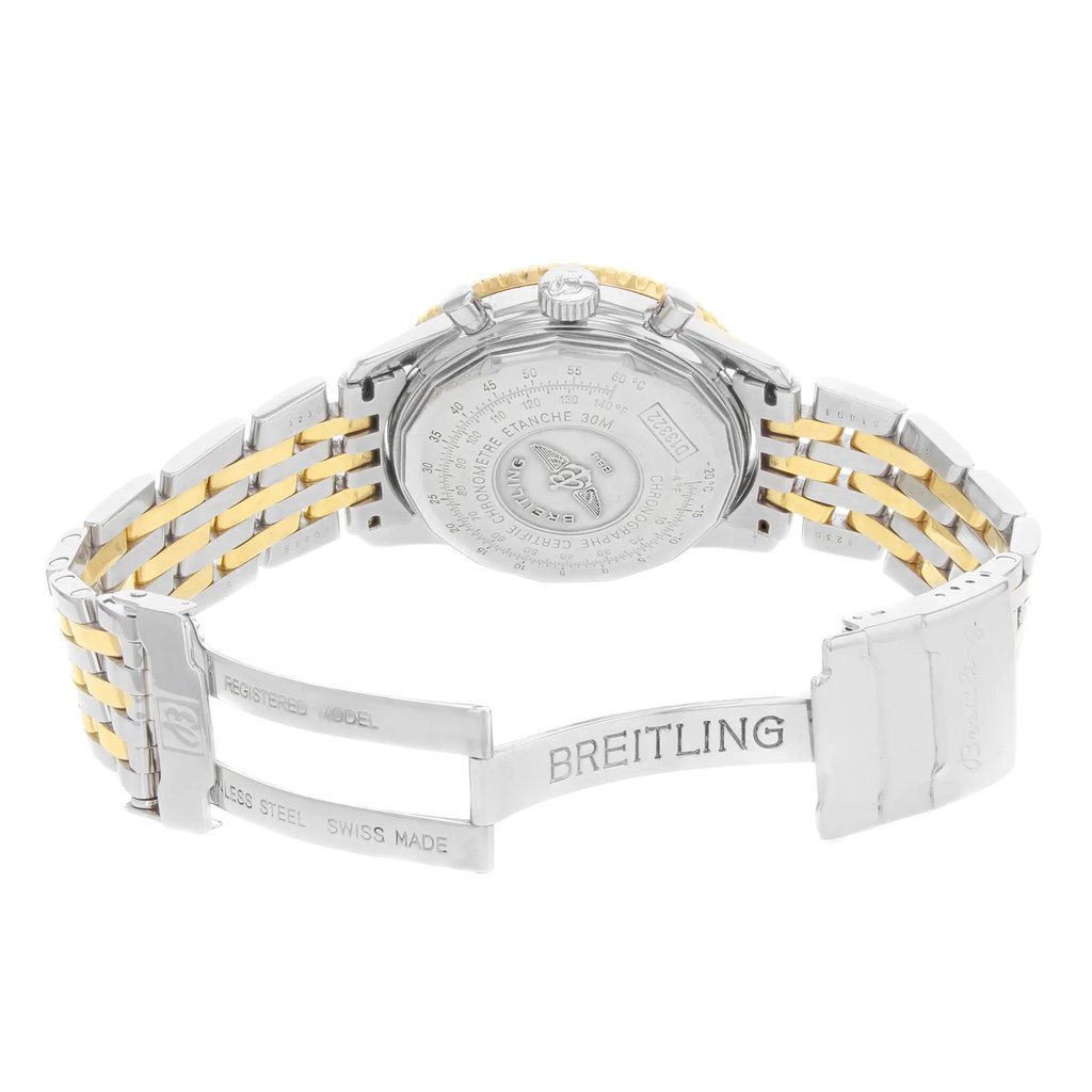 Back View Of {Caseback} Back Case And Open Stainless and Solid Gold Band Of Breitling D13322 Watch Pre Owned Condition