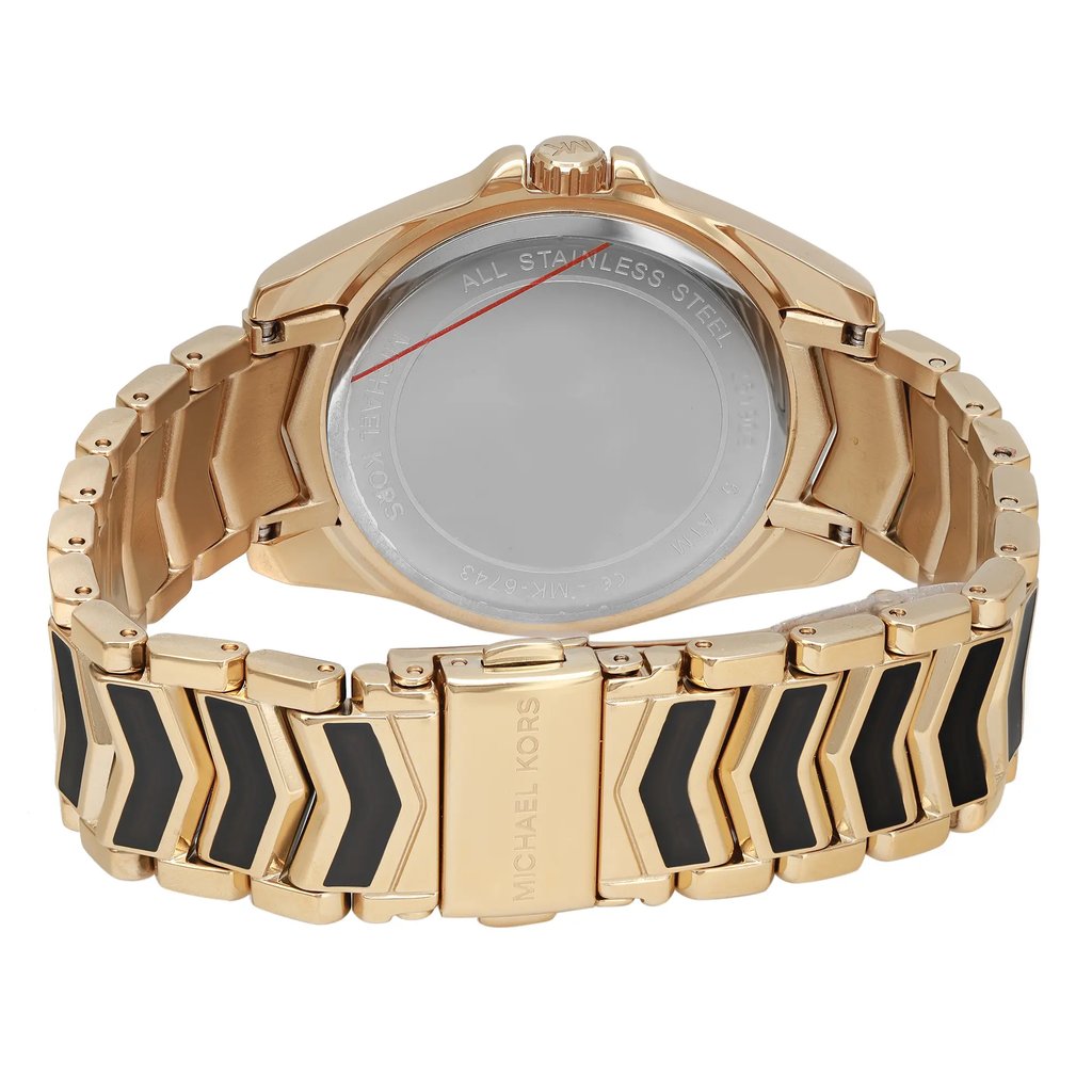 An image of a Wristwatch by Michael Kors. This Display Model item is designed for Women, featuring a Casual,Dress/Formal style. It has a Quartz movement and an Analog display with a Black dial color. The indices include 12-Hour Dial,Non-Numeric Hour Marks,Roman Numerals,Seconds Hand. The band is made of Stainless Steel and the case is made of Stainless Steel. The watch has a Round shape with a case size of 36 mm and a case thickness of 8.5 mm.