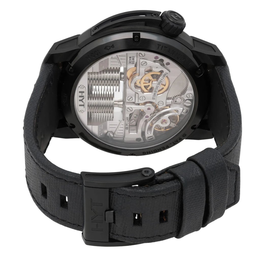 Back View Of Exhibition Back Case And Closed Leather Band Of HYT  HYT H1 Watch Unworn Condition
