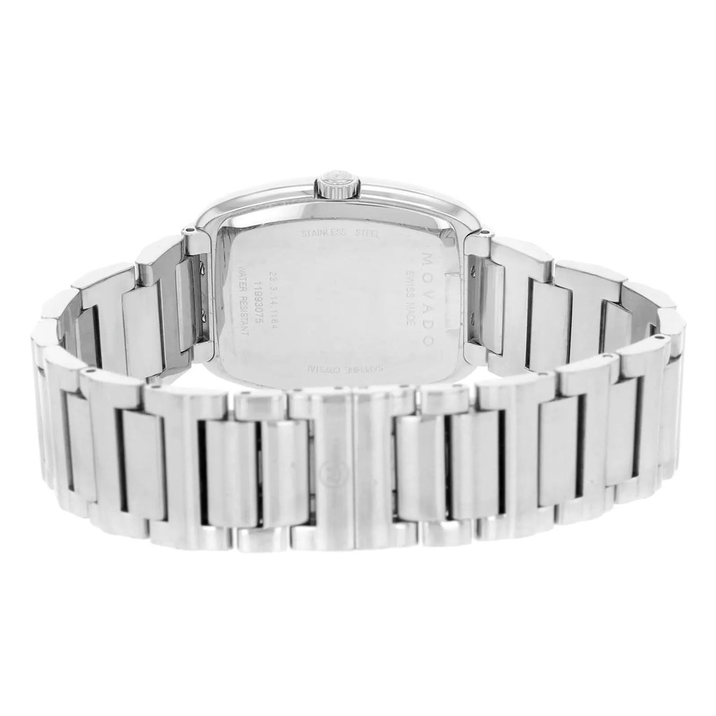 An image of a pre-owned wristwatch viewed from the back at a close distance. The clasp is prominently displayed, showing the stainless steel bracelet design. The watch case is visible, with engraved details on the back, and the crown is positioned at the top. The angle provides a clear view of the watch's craftsmanship and condition.