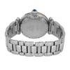 An image of a pre-owned Cartier men's wristwatch, featuring a stainless steel metal bracelet and a round case. The watch is positioned with its back facing the viewer, showcasing engraved details. The photo is taken at a slightly elevated angle, providing a clear view of the bracelet links and the crown with a blue accent. The watch is centered in the frame, photographed from a moderate distance.