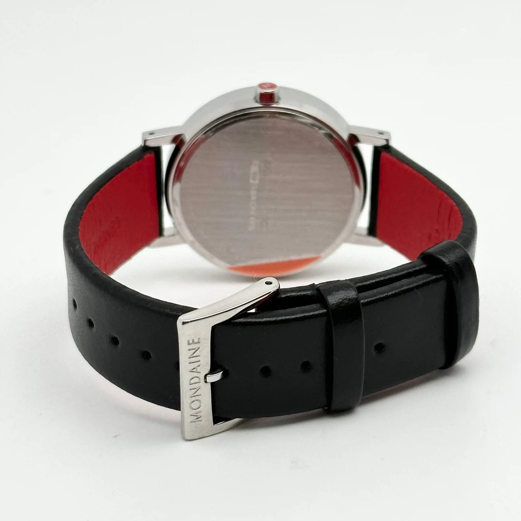 Back View Of Snap Back Case And Closed Leather Band Of Mondaine A667.30314.11SBB Watch Display Model Condition