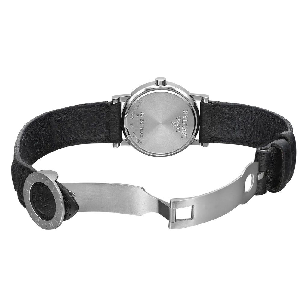An image of a pre-owned Bvlgari women's wristwatch taken from a rear angle, showing the back of the watch case and partially open black leather strap with a metal clasp. The watch features a date indicator and is positioned upright with a close-up view.