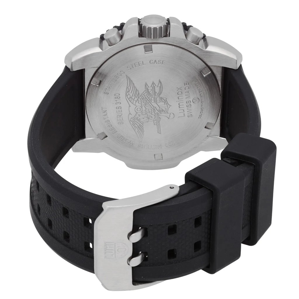 An image of a Wristwatch by Luminox. This Pre Owned item is designed for Men, featuring a Casual,Diver style. It has a Quartz movement and an Analog display with a Silver dial color. The indices include 12-Hour Dial,Arabic Numerals,Multi Dial. The band is made of Rubber and the case is made of Stainless Steel. The watch has a Round shape with a case size of 44 mm and a case thickness of 14 mm.