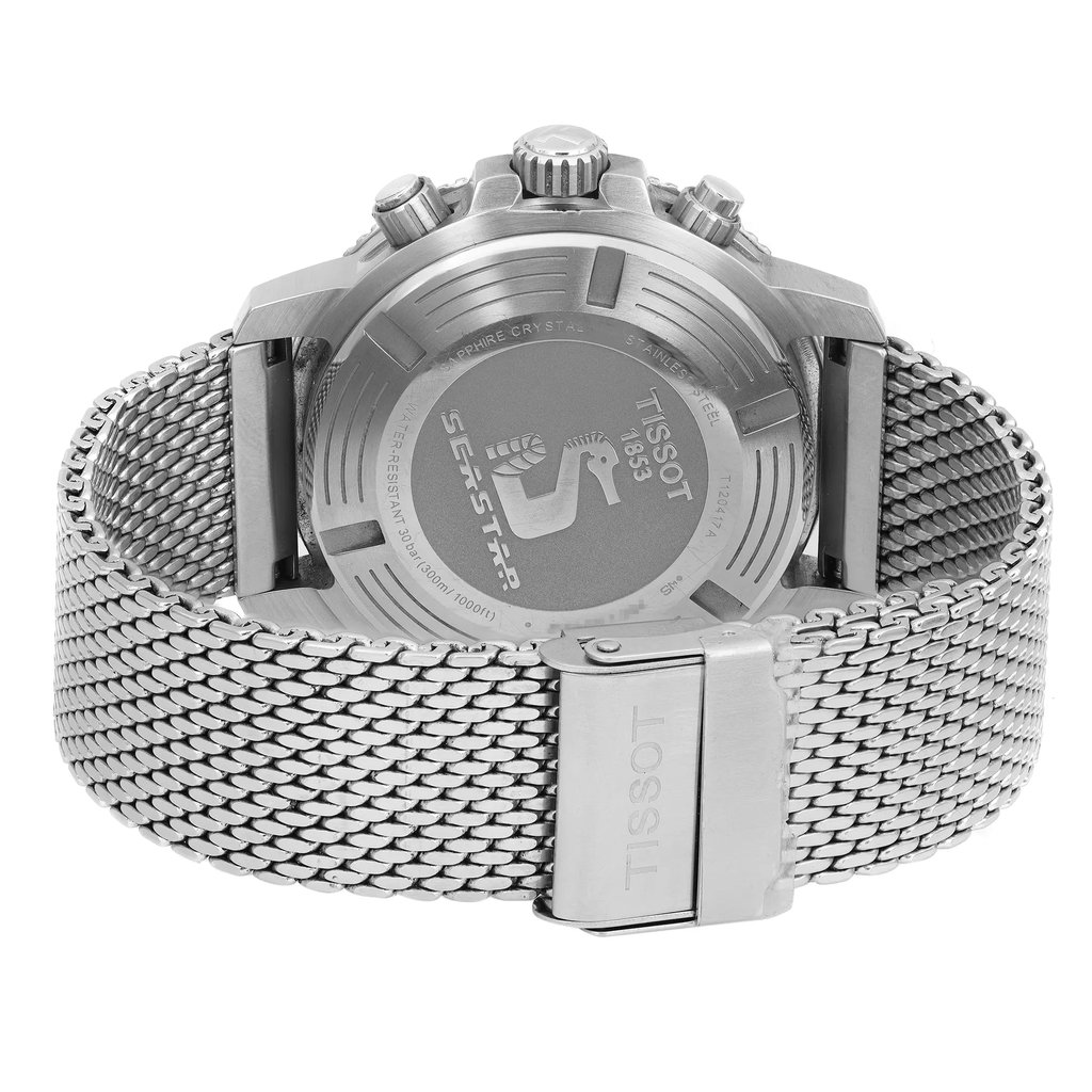 Back View Of Screwback Back Case And Closed Stainless Steel Band Of Tissot T120.417.11.041.02 Watch Pre Owned Condition