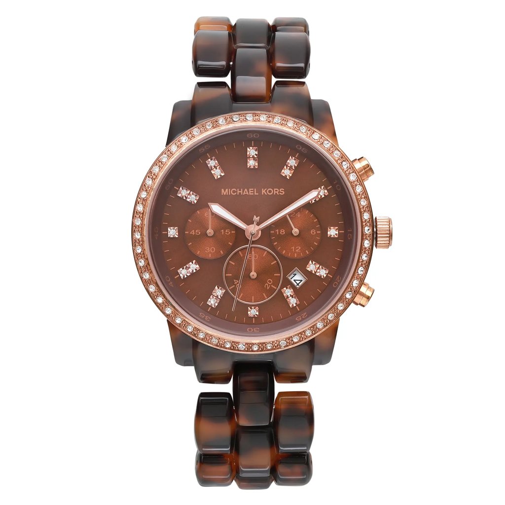 An image of a Wristwatch by Michael Kors. This New With Defects item is designed for Women, featuring a Dress/Formal style. It has a Quartz movement and an Analog display with a Brown dial color. The indices include 12-Hour Dial,Multi Dial,Non-Numeric Hour Marks,Seconds Hand. The band is made of Steel and the case is made of Stainless Steel. The watch has a Round shape with a case size of 43 mm and a case thickness of 12 mm.