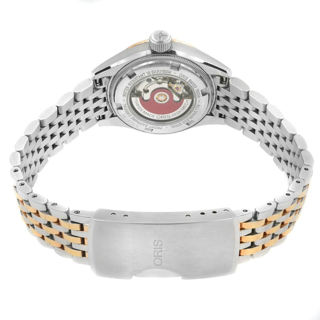 Back View Of {Caseback} Back Case And Closed Stainless Steel Band Of Oris 594-7680-4334 Watch Display Model Condition